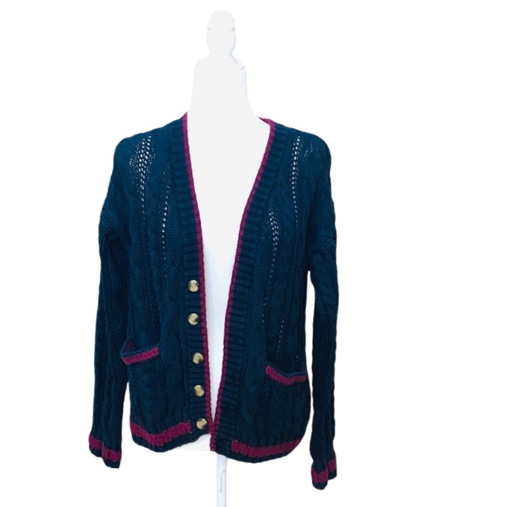 Vintage Sears Preppy Cableknit Cardigan Sweater Navy Blue Maroon Medium 80s 90s